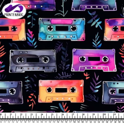 Colorful Cassette Tapes Pattern on Black Background with Leaves and Flowers