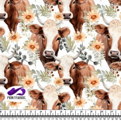 Motif Vache avec Fleurs et Feuilles Orange