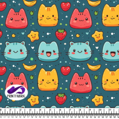 Joli Motif de Chat en Dessin Animé, Fraise et Banane