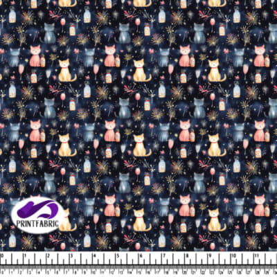 Motif féerique de chat et de feux d'artifice