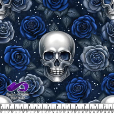 Silver skull surrounded by blue and gray roses