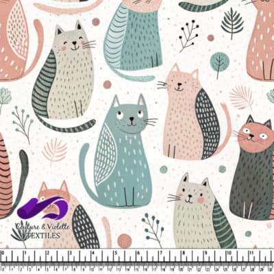 Colorful cats and delicate botanical elements on a white background