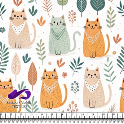 Chats souriants entourés de feuilles et de fleurs