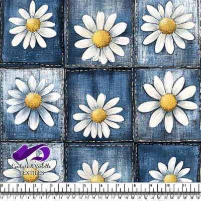 Marguerites blanches sur un patchwork en denim bleu