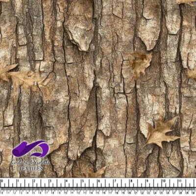 Realistic tree bark texture with scattered dry leaves