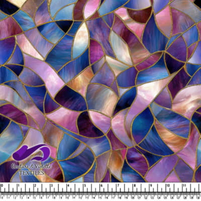Abstract stained glass pattern in shades of purple blue and pink with gold outlines
