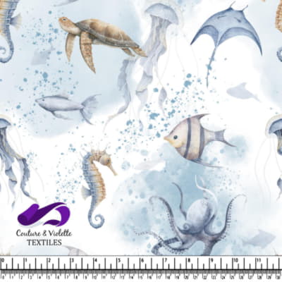 Watercolor ocean creatures pattern on white background