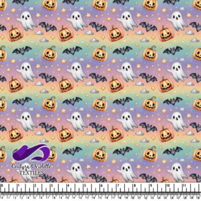 Fantômes, citrouilles, chauves-souris, étoiles et nuages sur un fond arc-en-ciel pastel