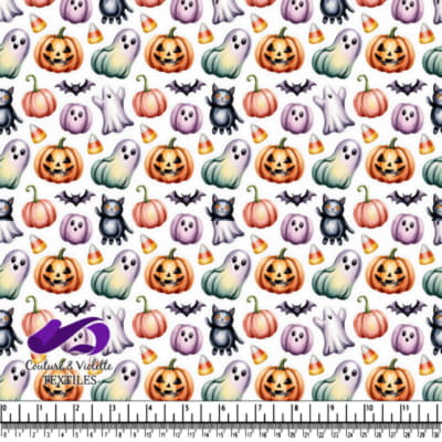 Citrouilles, fantômes, chauves-souris, chats noirs et bonbons en grains