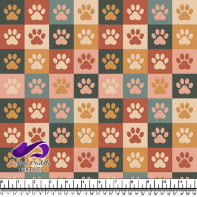 Pattern of colorful paw prints on a checkered background