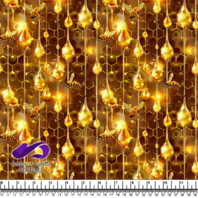 Gouttes de miel doré et abeilles sur un motif hexagonal en nid d'abeille