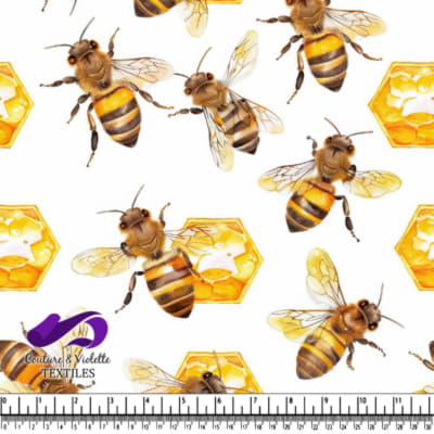 Bee and honeycomb pattern on white background
