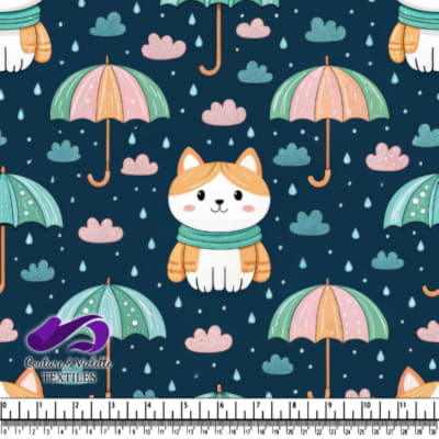 Cute Cat Under Umbrellas Pattern with Rain Clouds and Raindrops