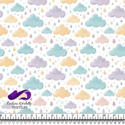 Pastel Clouds and Raindrops Pattern on White Background