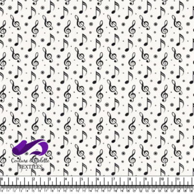 Black Musical Notes and Symbols on White Fabric Pattern