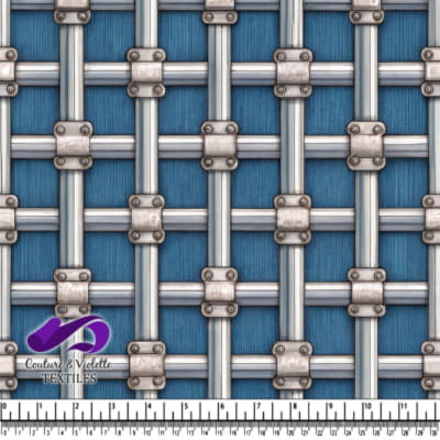 Tissu bleu avec un motif de grille métallique
