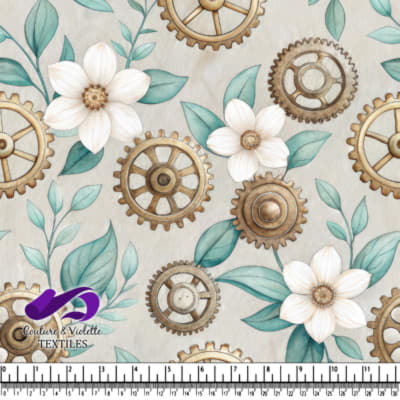 Steampunk Floral Pattern with Gears and White Flowers