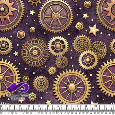 Motif de Rouages et Étoiles Steampunk sur Fond Violet Foncé