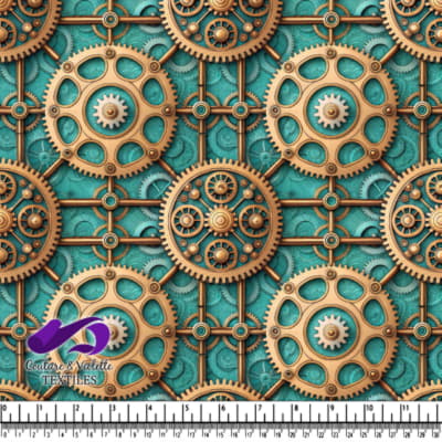 Mécanisme complexe d'engrenages en bronze sur fond turquoise