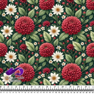 Motif Floral Vintage avec Dahlias Rouges et Marguerites Blanches