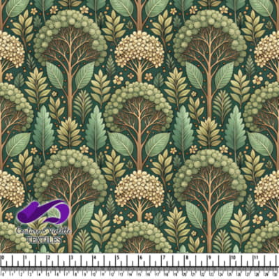 Lush Botanical Pattern with Stylized Trees and Leaves