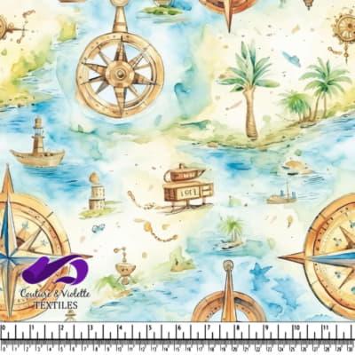 Watercolor Nautical Compass and Island Adventure Pattern