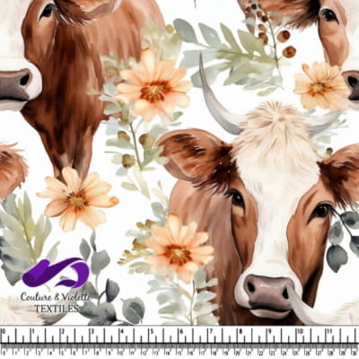 Vaches brunes et blanches avec des fleurs