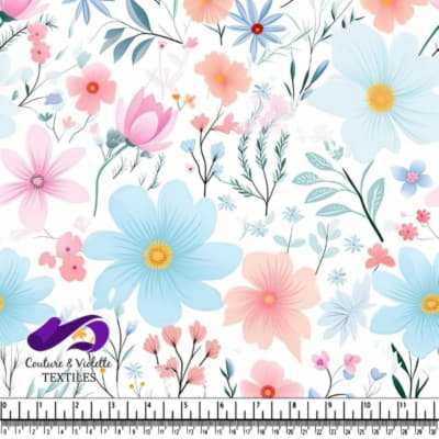 Motif Floral Pastel avec Fleurs Bleues, Roses et Pêches