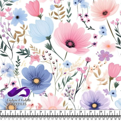 Motif floral pastel avec des fleurs roses, bleues et violettes et des feuilles vertes