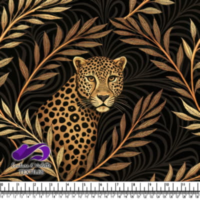 Leopard sitting among golden and bronze tropical leaves