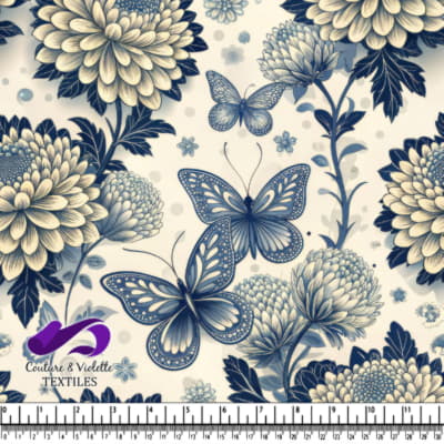 Motif floral bleu et crème avec des papillons et des feuilles détaillées sur fond textile