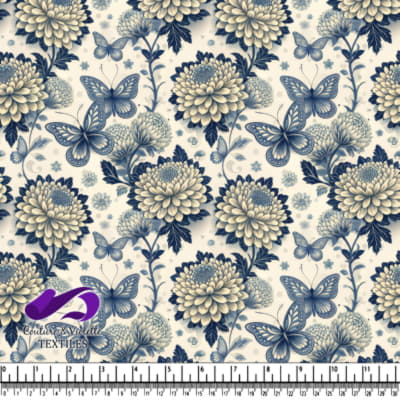 Motif floral bleu et crème avec des papillons et des feuilles détaillées sur fond textile