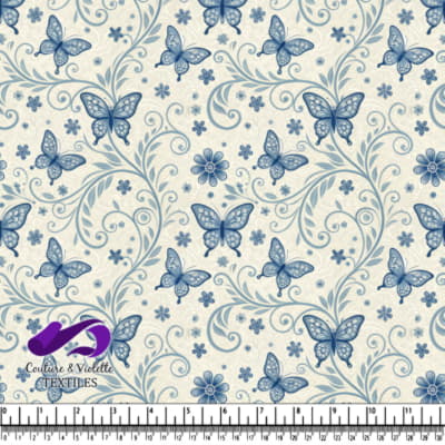 Blue butterfly floral pattern on a cream background