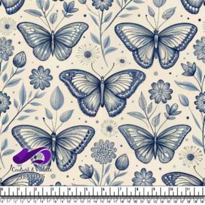 Motif vintage de papillons bleus et de fleurs sur fond crème