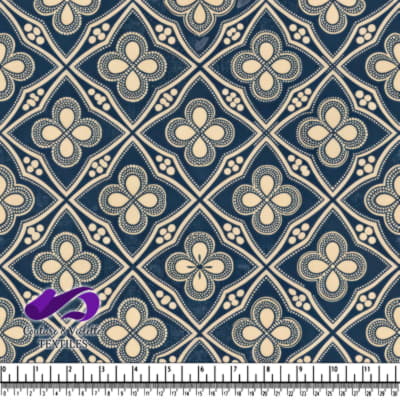 Blue and beige floral geometric textile pattern