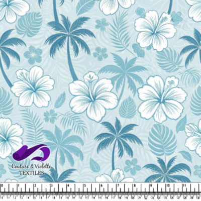 Blue tropical floral pattern with palm trees and hibiscus