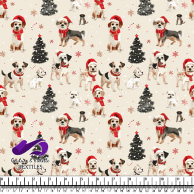 Chiens de Noël avec chapeaux de Noël et écharpes autour d'arbres décorés