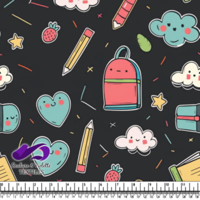 Cute school supplies and happy clouds on black background