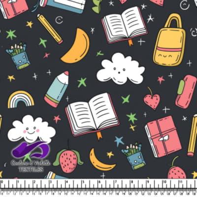 Motif mignon de fournitures scolaires colorées et de fruits