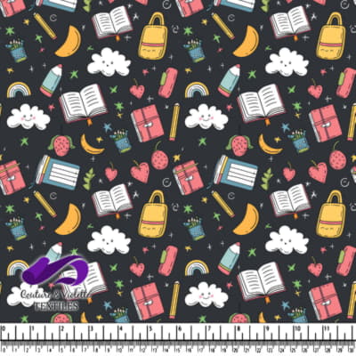 Motif mignon de fournitures scolaires colorées et de fruits