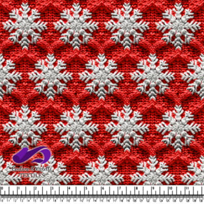 Tissu tricoté rouge avec motif de flocon de neige blanc et design de point texturé