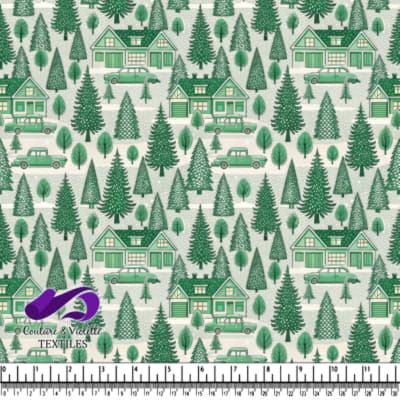 Maisons vintage vertes, voitures et pins variés