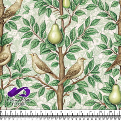 Birds perched on pear tree branches with green leaves vintage textile pattern