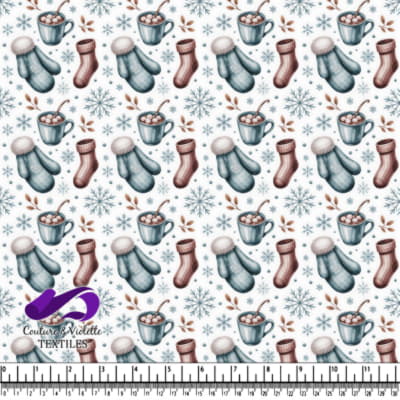 Winter cozy pattern with mittens hot chocolate and snowflakes on white background