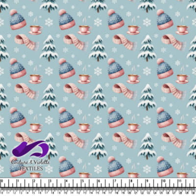 Winter cozy pattern with hats scarves hot cocoa