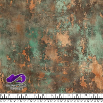 Abstract rustic textured fabric with turquoise and copper metallic tones