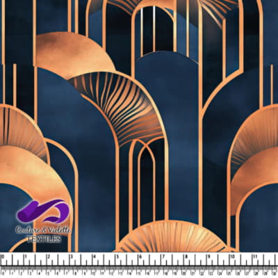 Abstract geometric pattern with gold and navy blue art deco arches and fans