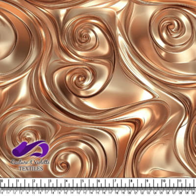 Tissu métallique doré brillant avec un motif abstrait texturé en relief