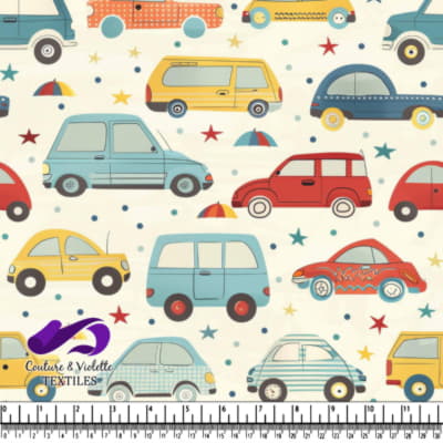 Colorful cartoon cars and stars pattern on light background