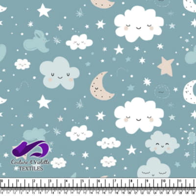 Cute sleepy clouds moon and stars pattern on blue background fabric design